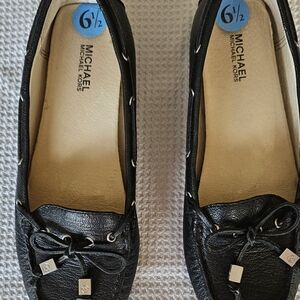 Michael Kors Black Leather Flats with Bow Accents